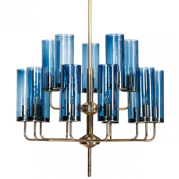 Люстра Hans-Agne Jakobsson Brass & Blue Glass Tube Chandelier Loft Concept 40.465