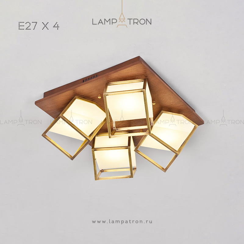 Серия потолочных люстр с кубическими матовыми плафонами в металлических рамках на прямоугольном основании из дерева Lampatron TANNING