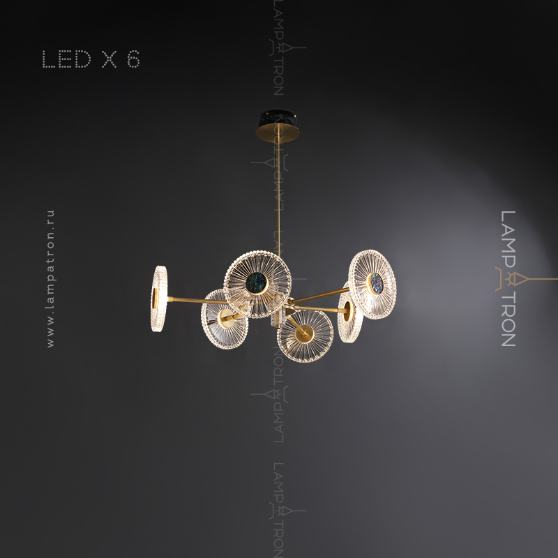 Серия люстр на вертикальных стойках с хрустальными плафонами дисковидной формы с перламутровыми вставками Lampatron ROSEMARY B