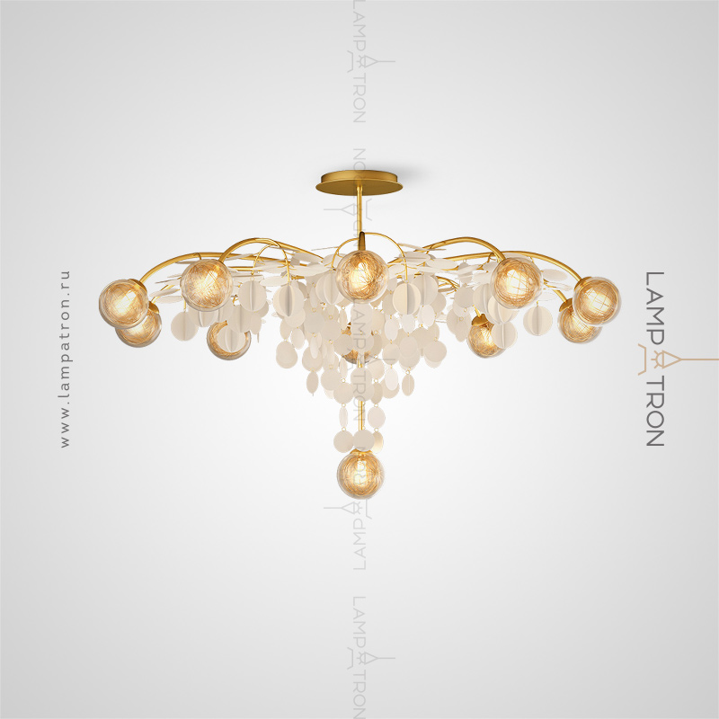 Серия люстр с декоративными белыми подвесками дисковидной формы и шарообразными плафонами с золотой проволокой внутри Lampatron FELINA