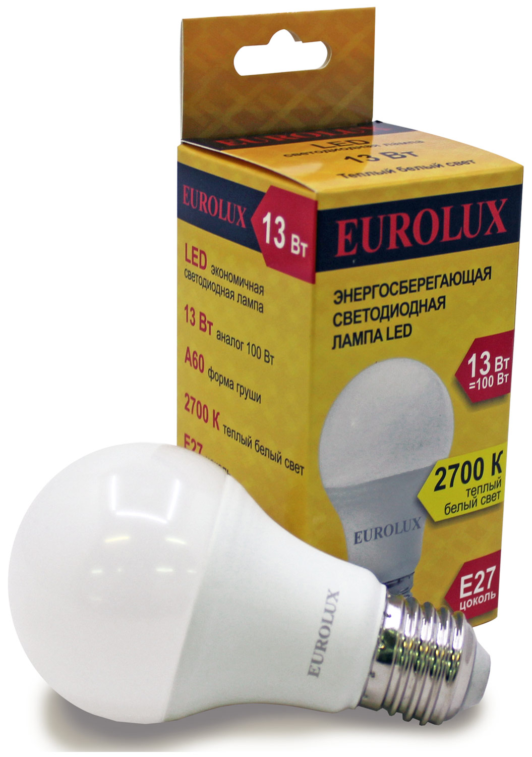 Лампа светодиодная Eurolux LL-E-A60-13W-230-2,7K-E27 (груша, 13Вт, тепл., Е27) белый в Волгограде
