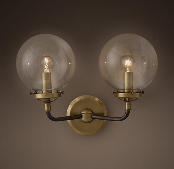 Бра Bistro Globe Clear Glass Double Sconce Brass Loft Concept 44.15
