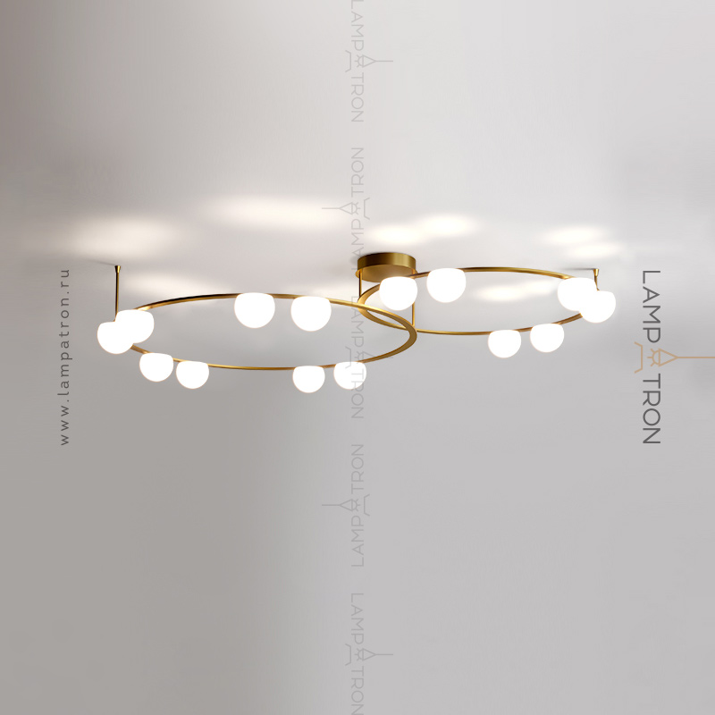 Серия потолочных люстр с белыми матовыми плафонами округлой формы на двух металлических кольцах Lampatron ARCANUM B DUO