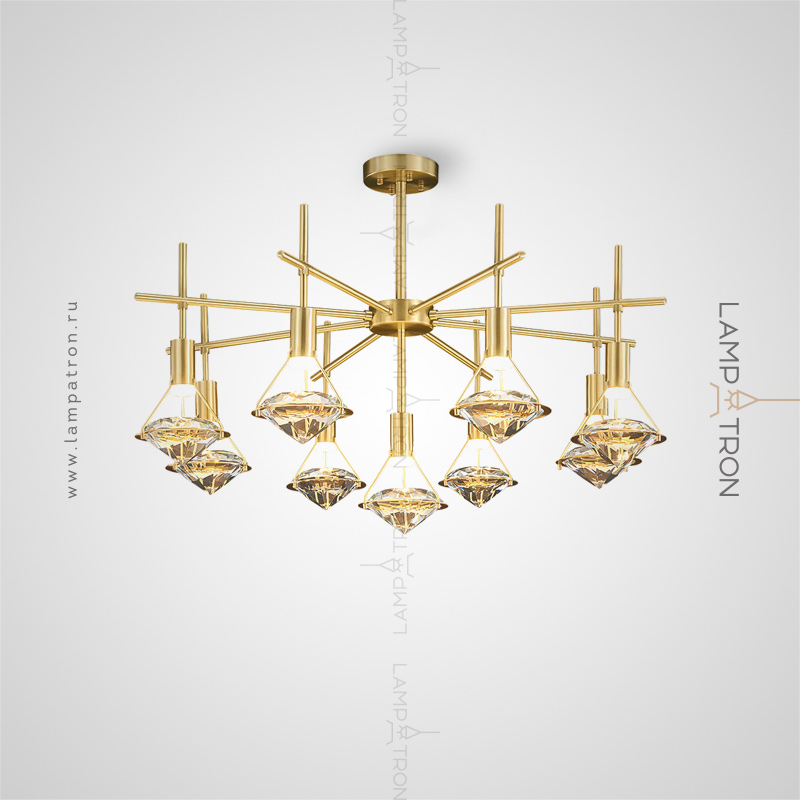 Серия светодиодных люстр на лучевом каркасе с цилиндрическими плафонами и кристальными рассеивателями в форме бриллиантов Lampatron GLASGOW CH