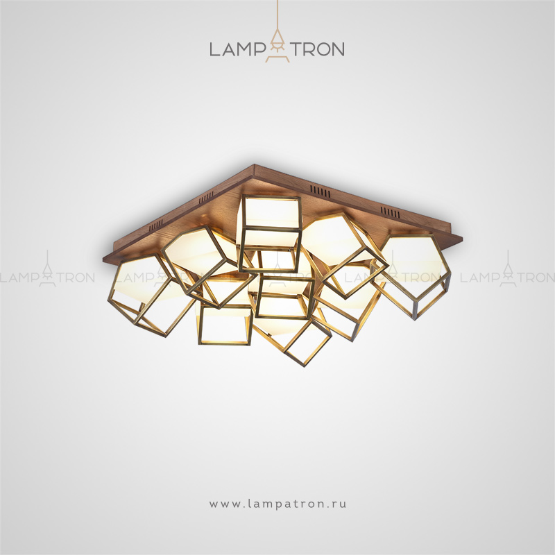 Серия потолочных люстр с кубическими матовыми плафонами в металлических рамках на прямоугольном основании из дерева Lampatron TANNING