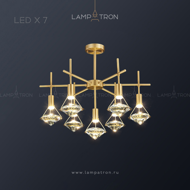 Серия светодиодных люстр на лучевом каркасе с цилиндрическими плафонами и кристальными рассеивателями в форме бриллиантов Lampatron GLASGOW CH